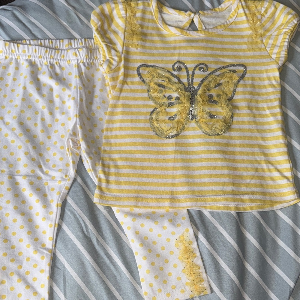 Girls Yellow Striped Butterfly Set with Polka Dot Pants